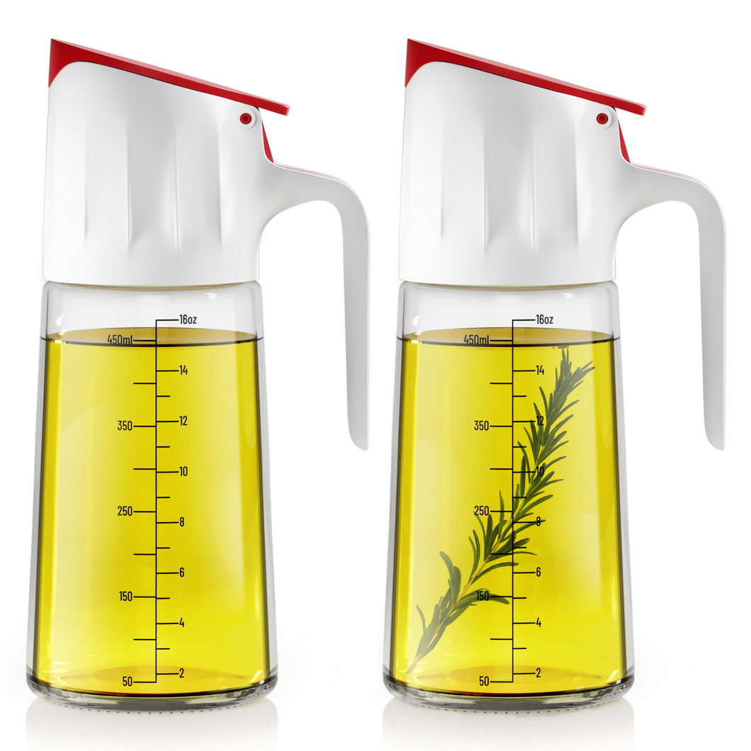 DWËLLZA KITCHEN Cooking Oil Dispenser Bottles for Kitchen – Drizzle Oil, Dressing & Coffee Syrup from Your Drip-Free, Auto-Open, 17 Oz Oil Bottles – Red 2-Pack Glass Olive Oil Dispenser Bottle