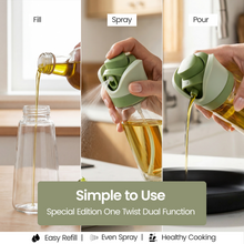 DWËLLZA KITCHEN Olive Oil Dispenser for Kitchen | 2-in-1 Pour and Spray | 7.7 oz / 230 ml | Glass Olive Oil Sprayer for Cooking, Airfryer, Salad & BBQ | Set of 2 Bottles, Green