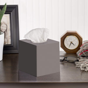 Gray Tissue Box Cover Square - Plastic Facial Tissue Box Holder Vessel Dispenser - Decorative Cube Tissue Holder for Bathroom, Vanity Countertop, Dresser, Bedroom, Office Grey Decor