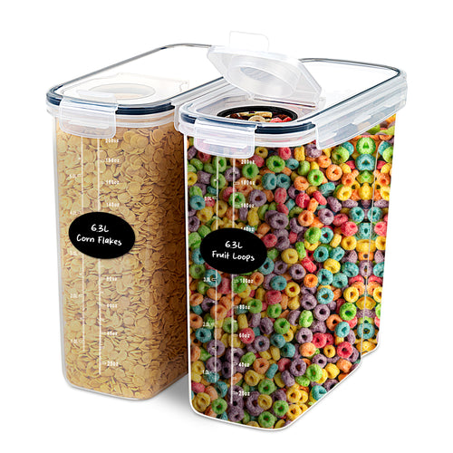 Extra Large Cereal Containers Storage 6.3L - 213 fl. oz - 2 Pc Family Size Cereal Dispenser Countertop, Bulk Airtight Food Storage Containers for Pantry Organization Labels and Marker