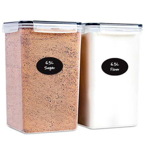 Extra Large Flour and Sugar Storage Containers 6.5L - 220 Fl. Oz 2 Pc Plastic Bulk Airtight Food Storage Rice Containers With Lids - Kitchen Pantry Organizer and Storage Canisters, Marker and Labels