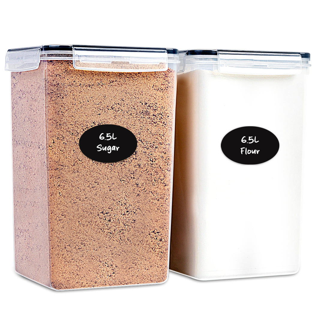 Extra Large Flour and Sugar Storage Containers 6.5L - 220 Fl. Oz 2 Pc Plastic Bulk Airtight Food Storage Rice Containers With Lids - Kitchen Pantry Organizer and Storage Canisters, Marker and Labels
