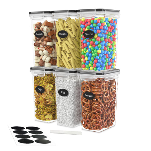 Airtight Food Storage Container Set - 6 Pieces 2.0L - Plastic BPA Free Kitchen Pantry Storage Containers - Dishwasher Safe - Include 8 Labels and Marker - Keeps Food Fresh & Dry
