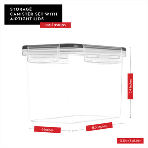 Airtight Food Storage Container Set - 4 Pieces 3.6L - Plastic BPA Free Kitchen Pantry Storage Containers - Dishwasher Safe - Include 8 Labels and Marker - Keeps Food Fresh & Dry