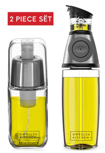 Olive Oil Dispenser and Oil Sprayer for Cooking Set – Premium Oil Mister Sprayer 6 OZ and Glass Oil Bottle 17 OZ with Measurements and Drip-Free Spout Stainless Steel