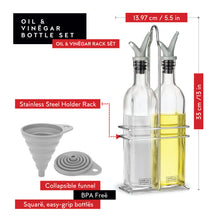Oil and Vinegar Dispenser Set - Olive Oil Dispenser Bottles for Kitchen - with Two Extra Drip Free Spouts and Funnel - 17 Oz 500 ML Glass Bottle Containers with Stainless Steel Rack