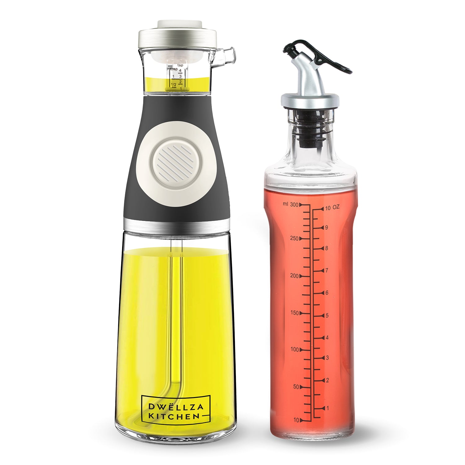 Olive Oil and Vinegar Dispenser Bottle Set - 2 Piece - Superior Glass with  Drip-Free Spouts Includes a 17oz 500ml Measuring Bottle and a 12 oz 350 ml